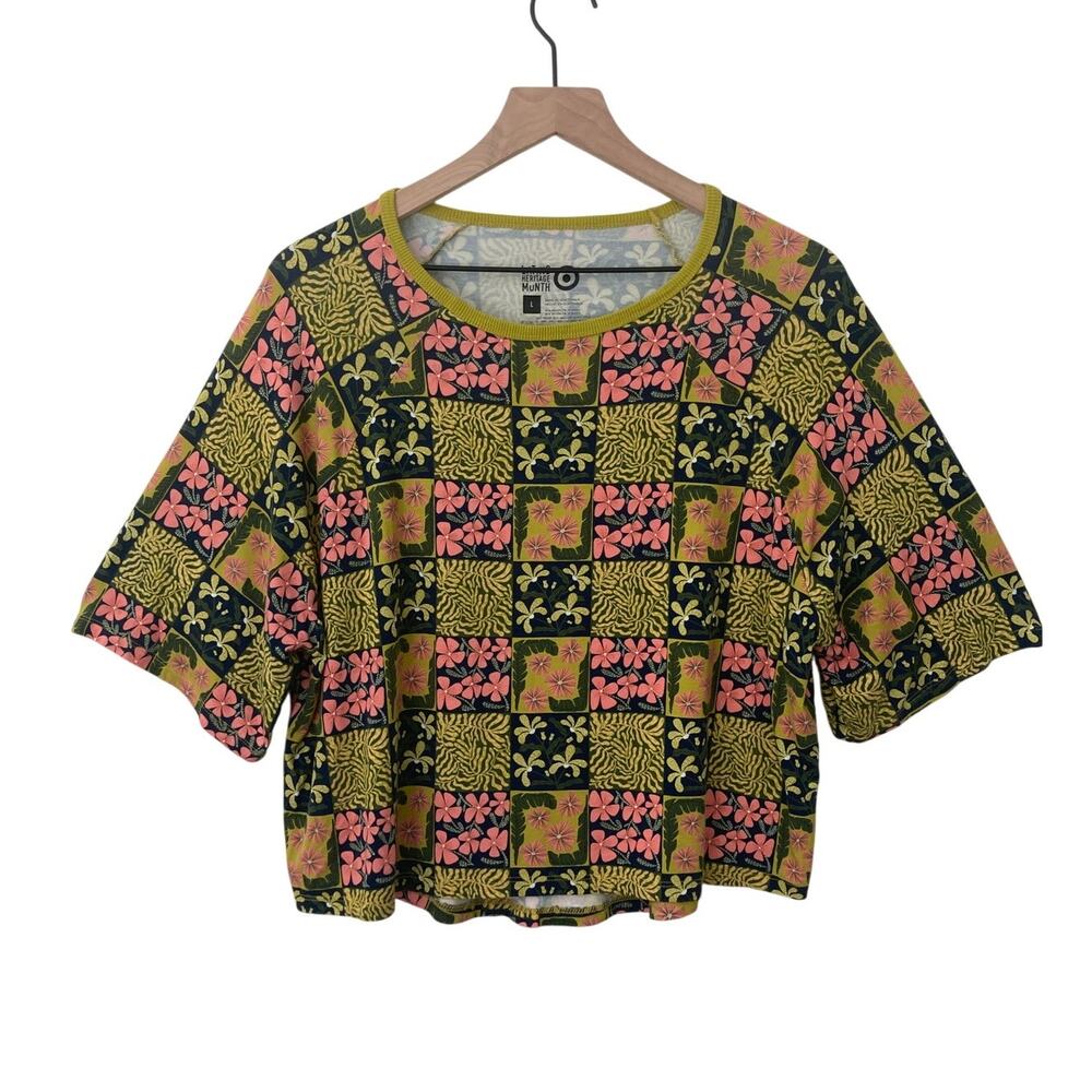Target Latino Heritage Month Green Pink Boho Naturecore Floral Patchwork T-Shirt